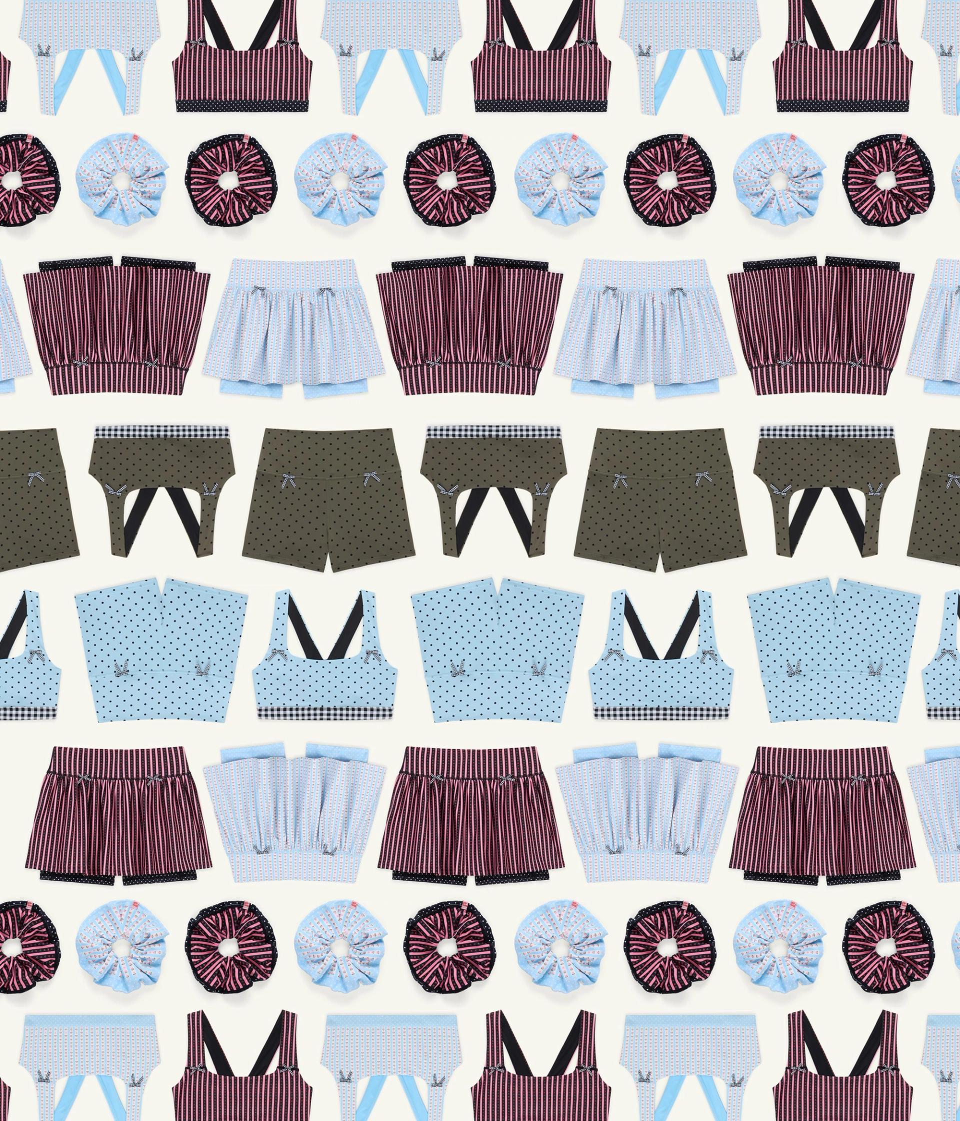 Collaged flat lay pattern of activewear bras, shorts, skirts and scrunchies.
