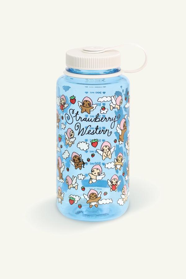 Front view of 1000ml / 32oz Sustain Nalgene wide-mouth water bottle. Light blue bottle with cotton white cap and Angelbaby cherub artwork.