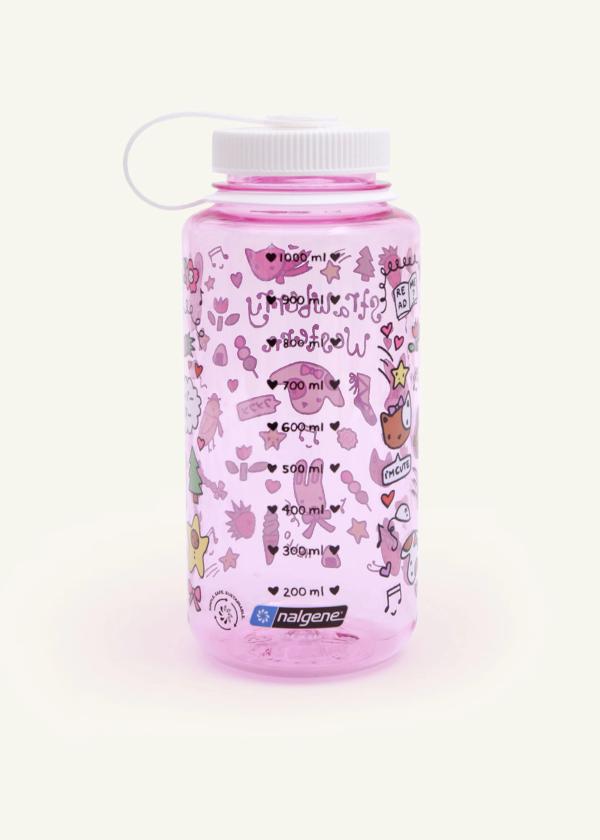 Back view of 1000ml / 32oz Sustain Nalgene wide-mouth water bottle in baby pink with a white cap and cute forest friend drawings.