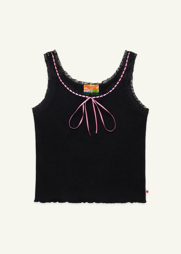 Front view of black waffle knit lolita-style tank top with lace trim and pink satin ribbon detail at front.