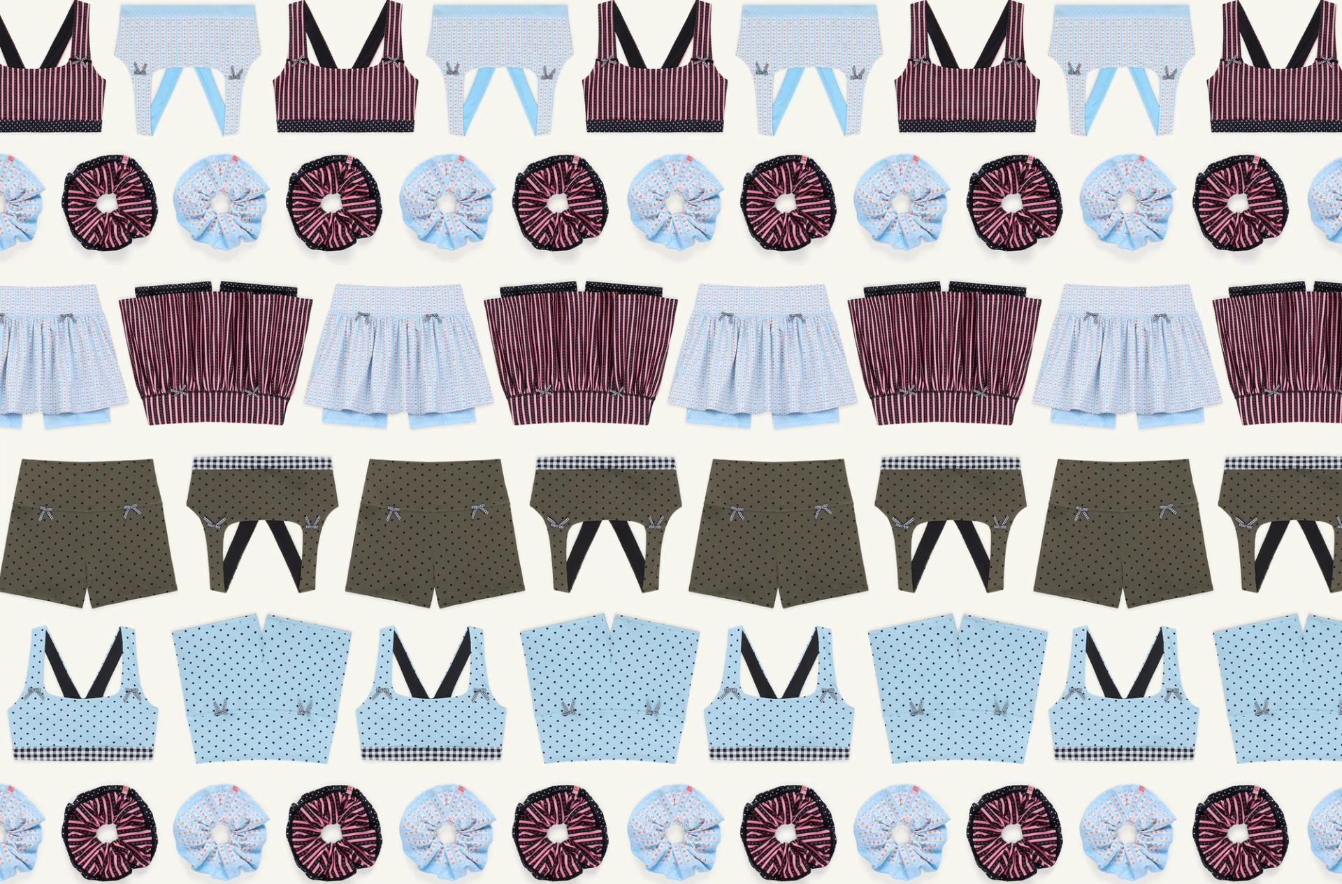 Collaged flat lay pattern of activewear bras, shorts, skirts and scrunchies.