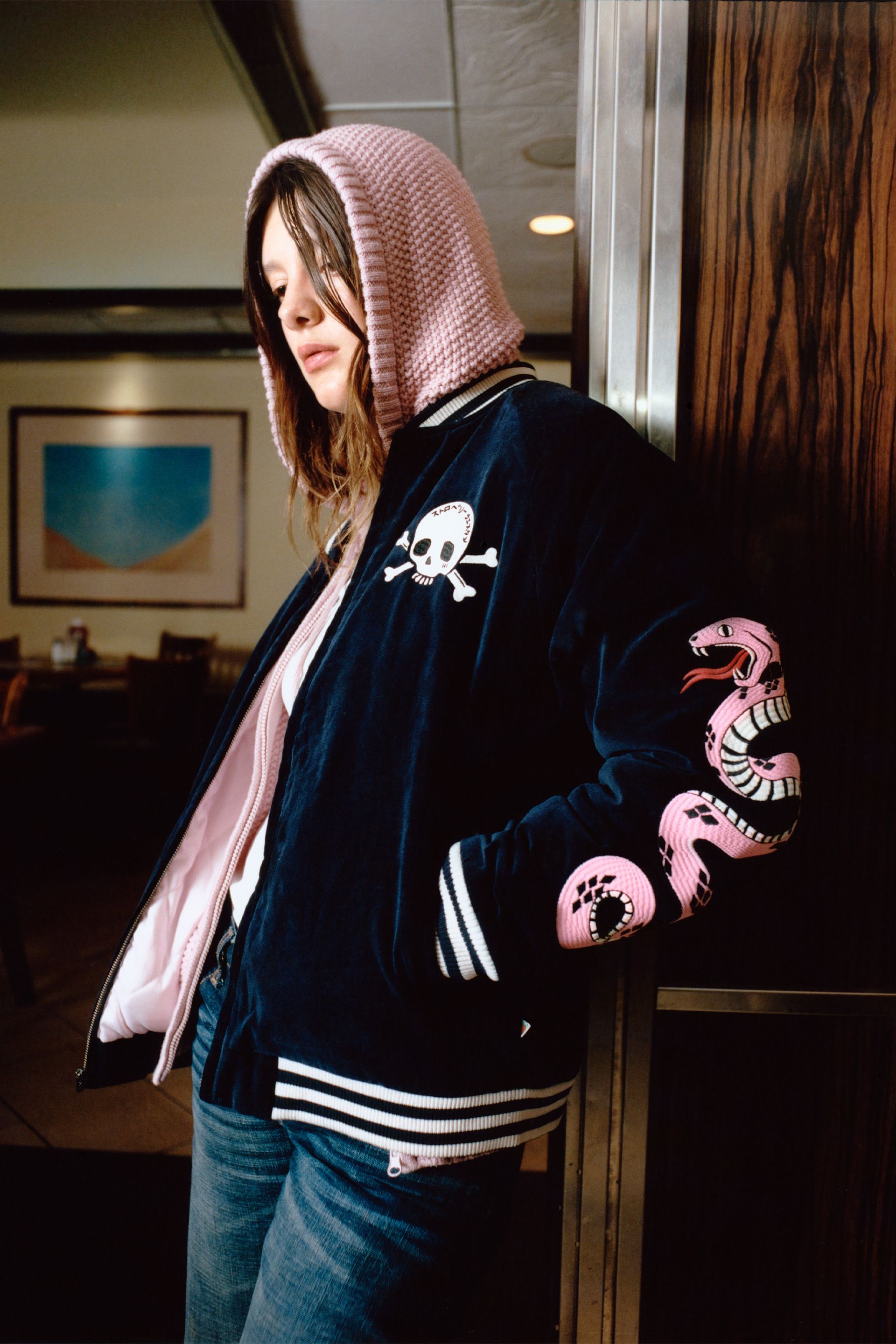 Navy Sukajan Jacket at the diner.