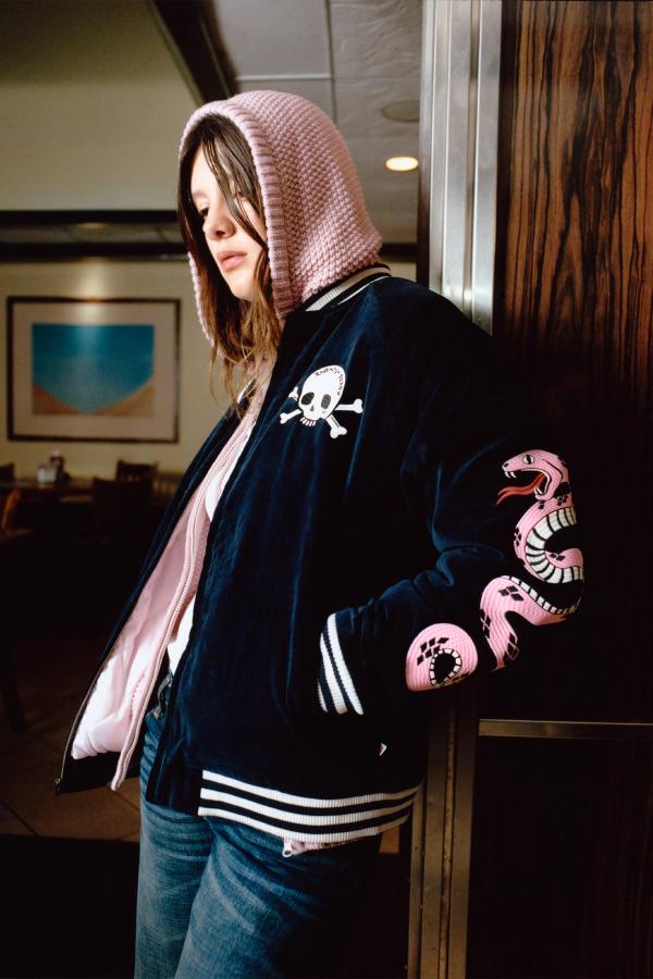 Navy Sukajan Jacket at the diner.