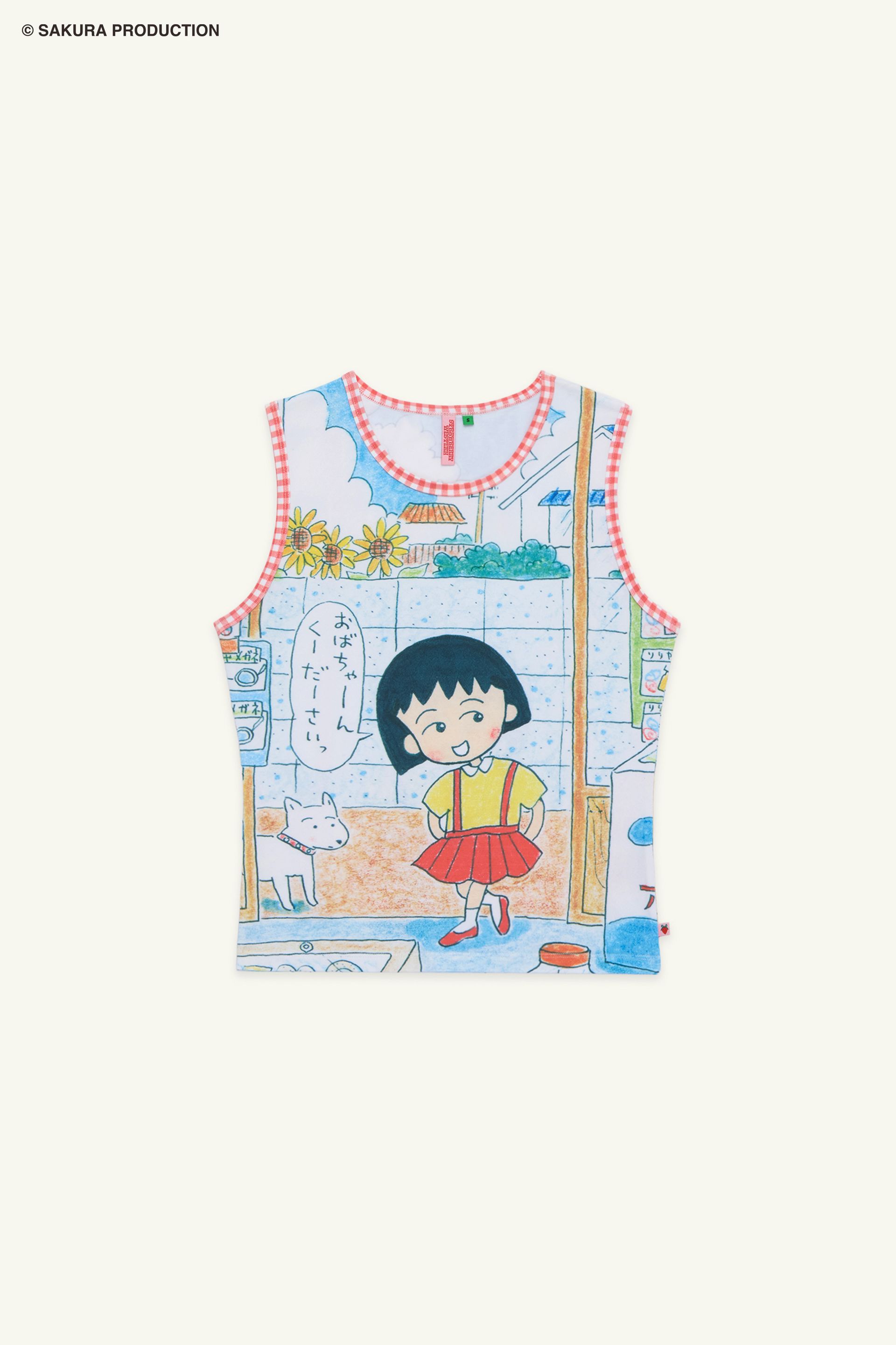 Flat image of Sweet Shopper Tank. Top illustrates a manga-style image of a young girl and her dog walking into a store. She speaks in Japanese, "Please Grandma!" The top has a red gingham trim around the neck and sleeves.