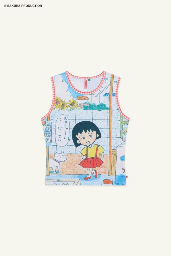 Flat image of Sweet Shopper Tank. Top illustrates a manga-style image of a young girl and her dog walking into a store. She speaks in Japanese, "Please Grandma!" The top has a red gingham trim around the neck and sleeves.
