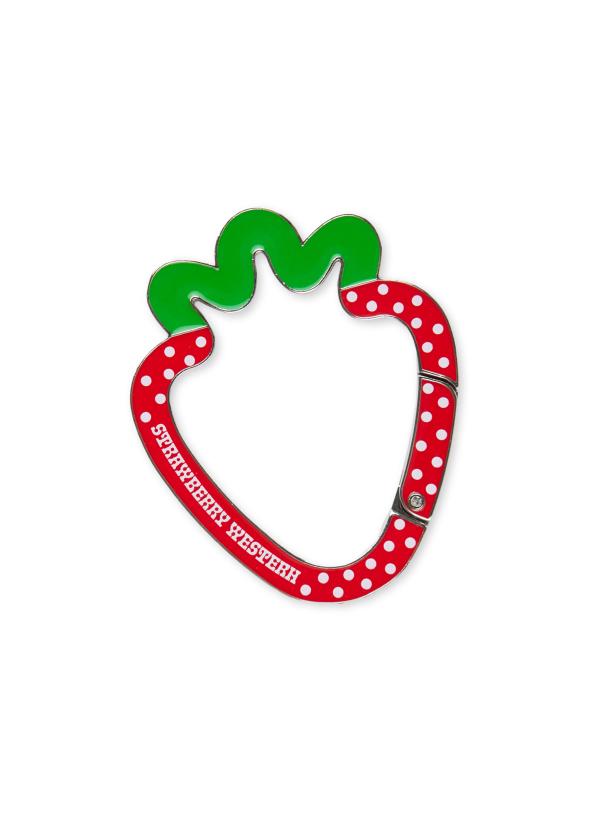 Strawberry shaped metal carabiner in red and green enamel with white polka dots and Strawberry Western logo.
