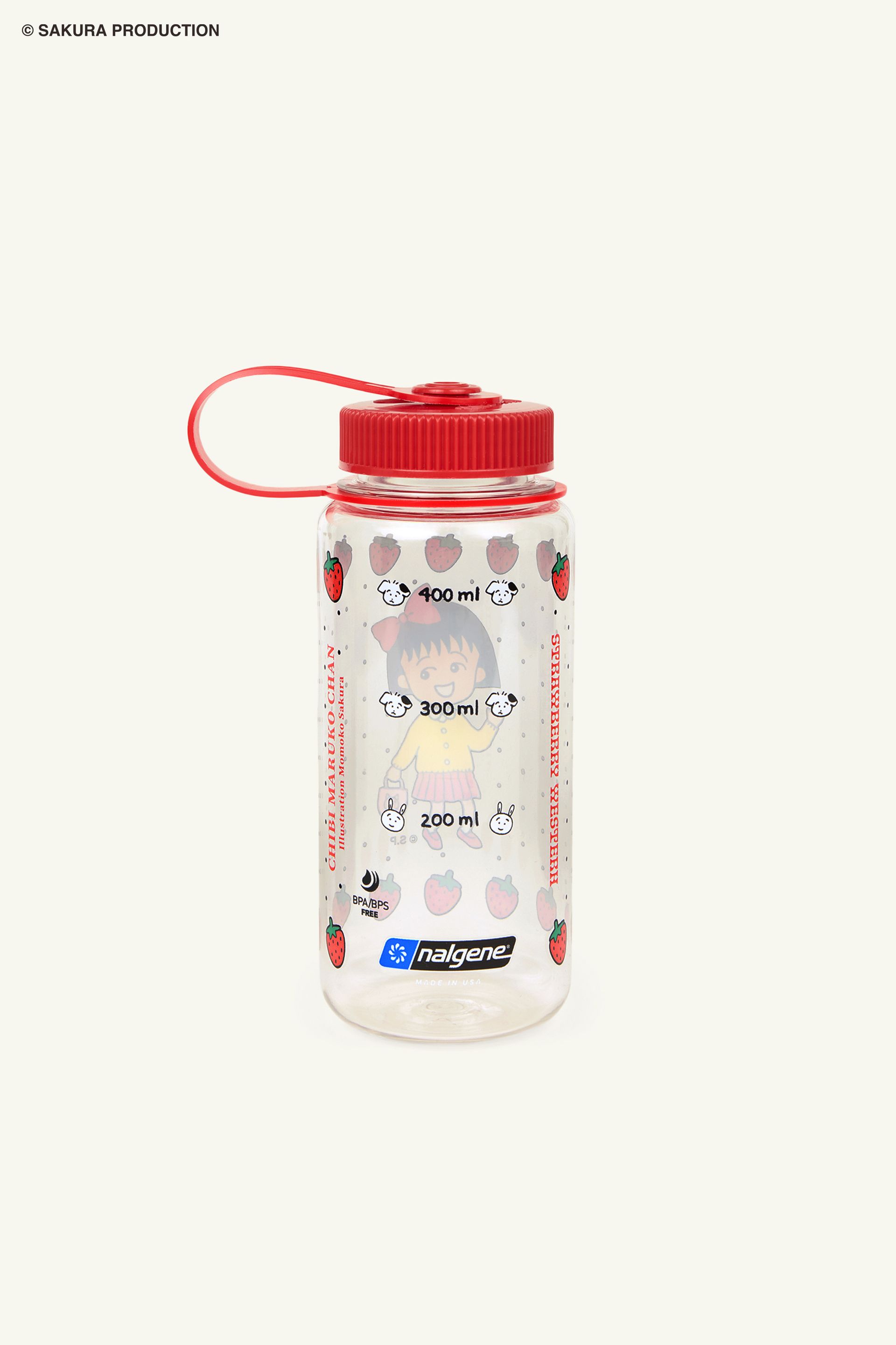 Flat image of Chibi Maruko Chan Mini Nalgene Bottle. Clear bottle with a red cap, strawberries, and school-girl Chibi Maruo-chan.