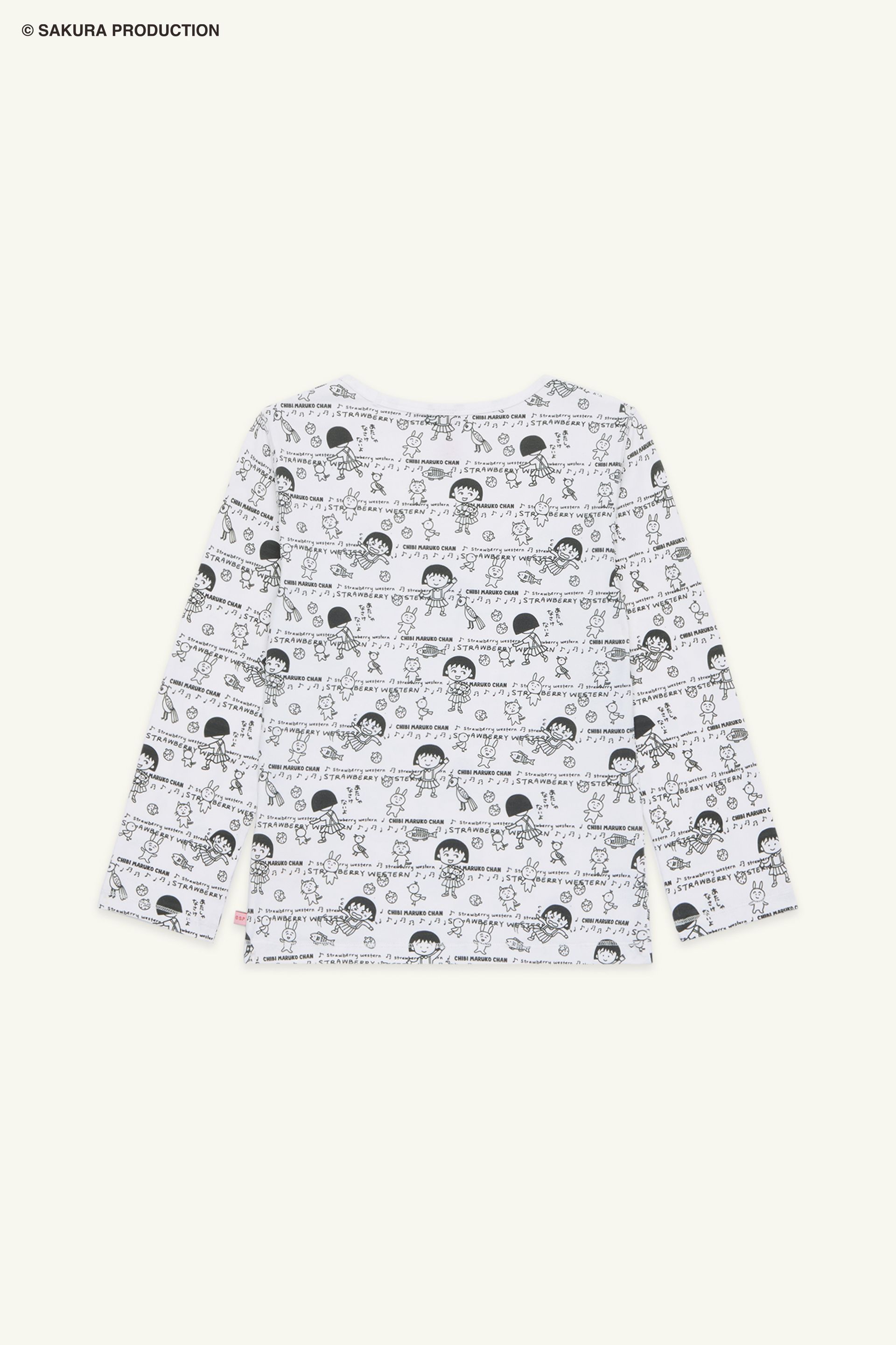 Flat image of Chibi Maruko Chan Playtime Top. Open neck, 3/4 sleeve top with a fun line drawing print of Chibi Maruko-chan, other characters, and both logos.