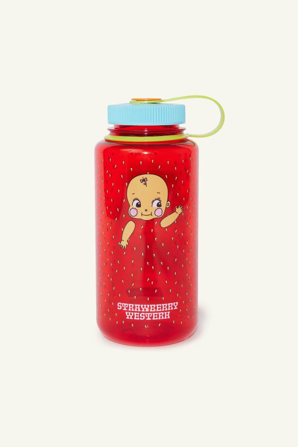 Front of red water bottle with blue cap, green strap, printed kewpie-style baby and Strawberry Western logo.