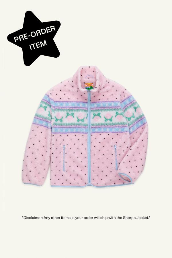 Front flat view of baby Pink fluffy jacquard knit sherpa jacket in a strawberry border motif with binding. Black star in top left corner reads "Pre-order item"