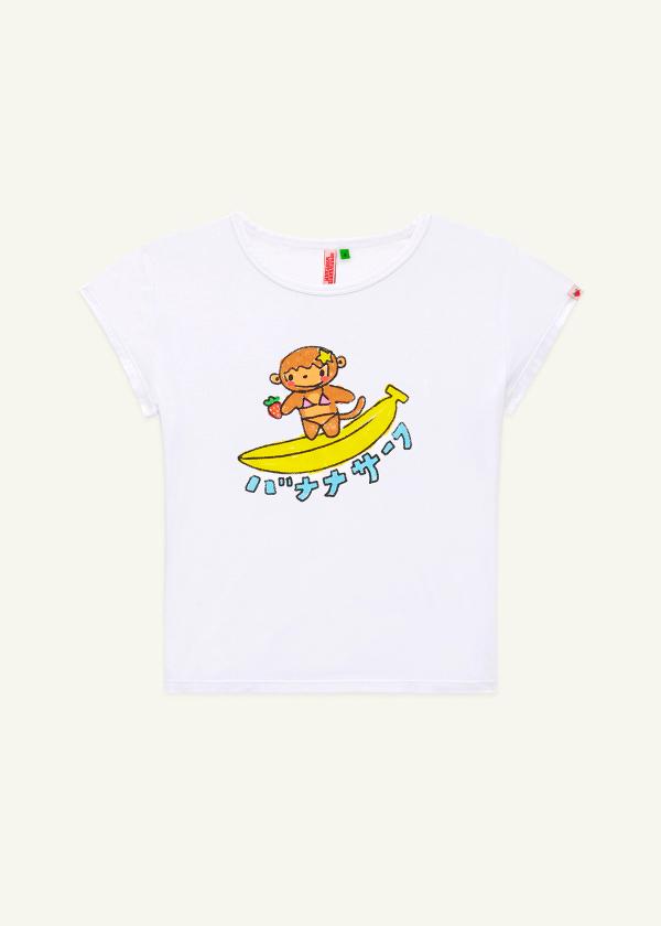 Front view flat lay of white slim fit baby tee with a hand-drawn surfing monkey graphic that says 'Banana Surf' in Japanese below it.