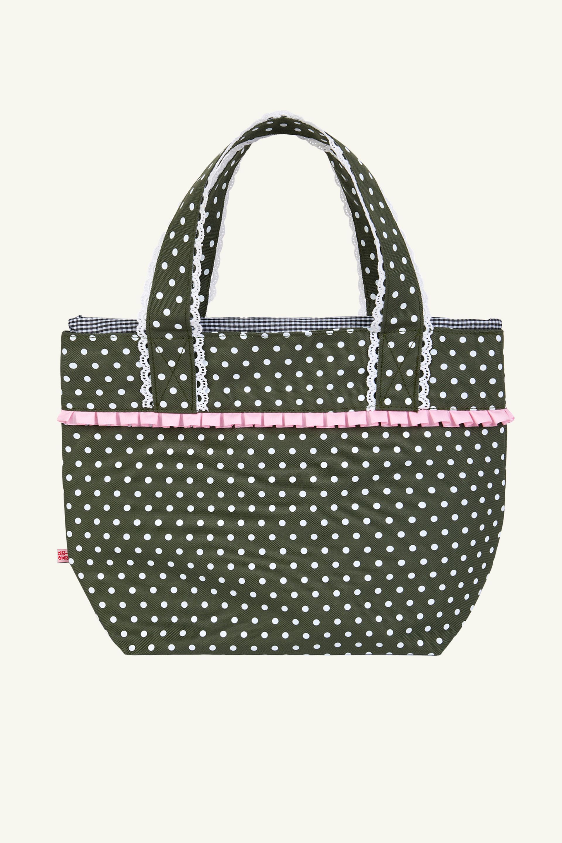 Back view of an olive color polka dot ruffle trim mini shoulder bag with crochet scallop edging, a black and white gingham lining and a drawstring cinch closure.