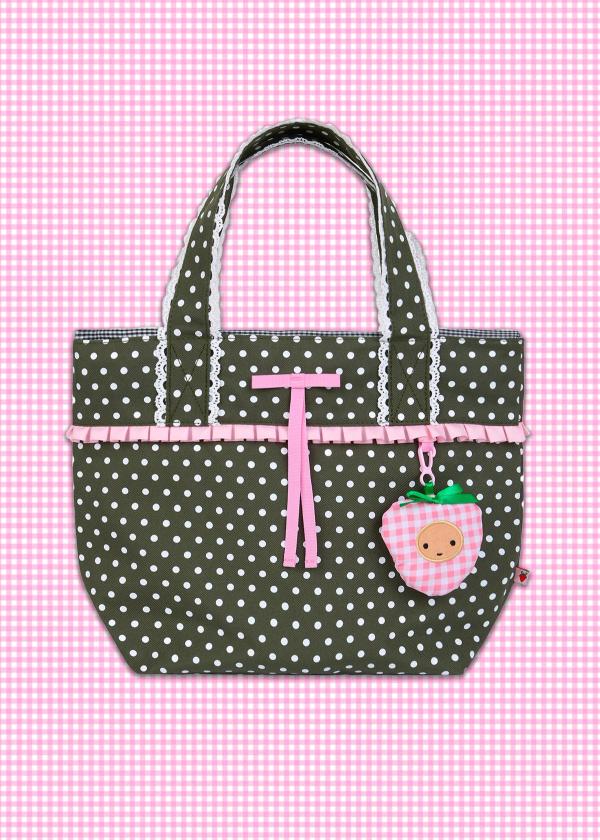 Front view of an olive color polka dot ruffle trim mini shoulder bag with crochet scallop edging, a black and white gingham lining and a drawstring cinch closure. Comes with a removable strawbaby keychain.