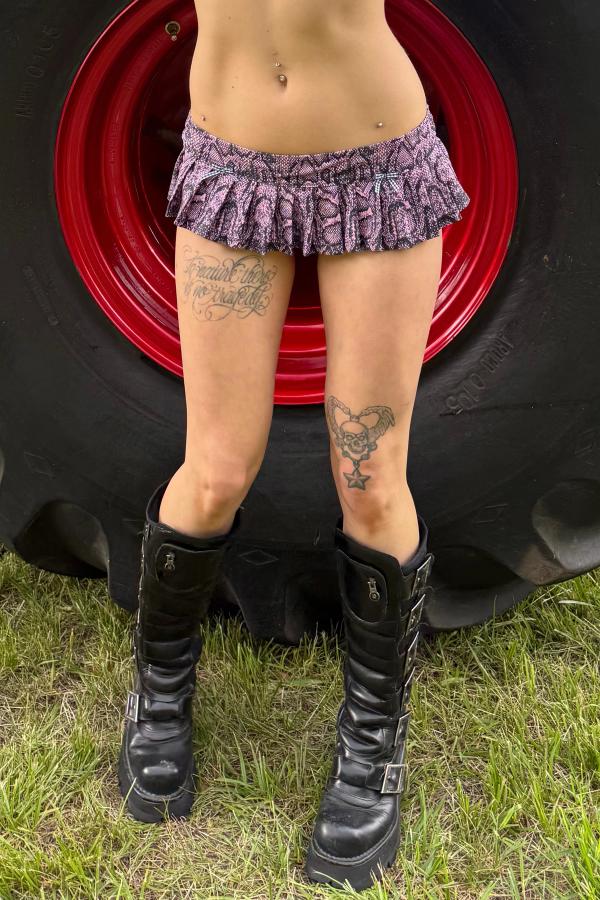 Pink Snakeskin micro pleated skirt bikini bottom with attached black and white micro dot bikini bottoms. Gingham bows at front.