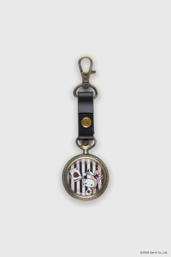 Flat image of Pocket Watch with a Sentimental Circus watch face and ornate Louis XIV style watch hands. The case is an antique brass finish with engraved embellishment around the face. This is a fully functional watch.  The back is engraved with Sentimental Circus and Strawberry Western. The attached strap and lobster clip makes it easy to hang from your bag or belt loop.