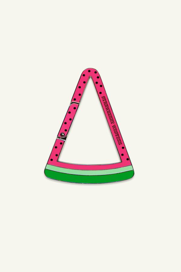 Watermelon wedge shaped carabiner keychain clip. Made from Zinc Alloy with enamel fill and printed polka dots and Strawberry Western logo.