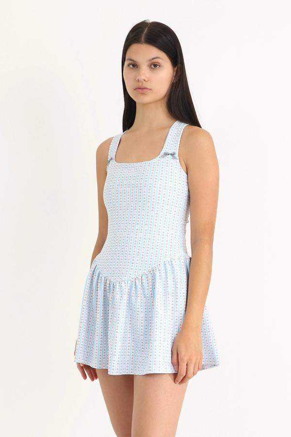 Gathered skirt exercise dress featuring an attached interior unitard with side pockets. Comes in a hand-drawn, Blue/Ivory floral border stripe print with gingham bow details.