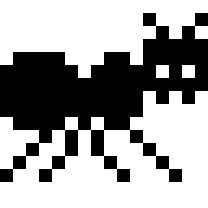 8-bit style 2-frame animation of a black ant walking.
