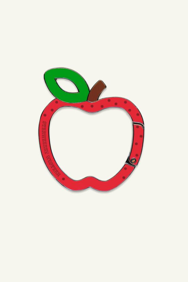 Red apple shaped carabiner keychain clip. Made from Zinc Alloy with enamel fill with printed polka dots and Strawberry Western logo on both sides.