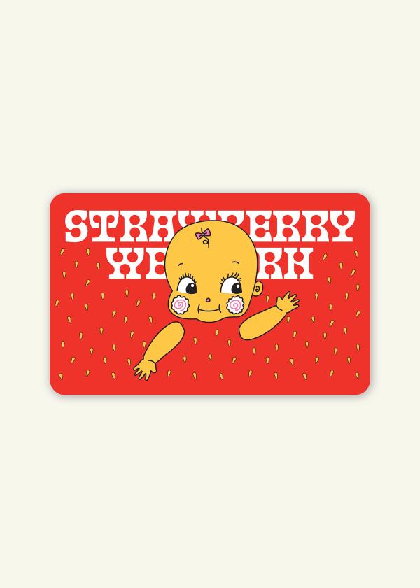 Image of Strawberry Western digital gift card. Kewpie-style baby artwork against a red background with strawberry seeds and white logo.