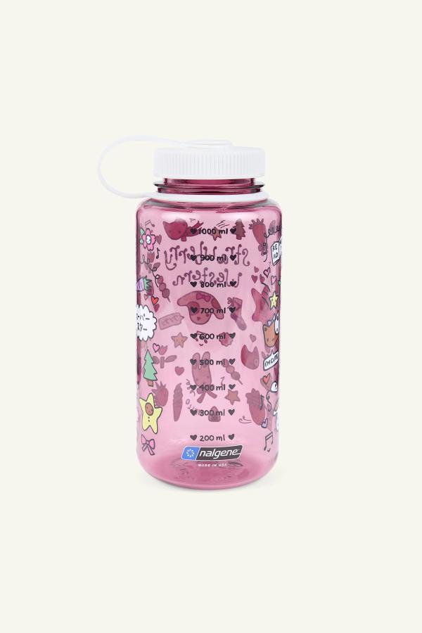 Back view of 1000ml / 32oz Sustain Nalgene wide-mouth water bottle in cherry blossom pink with a white cap and cute forest friend drawings.