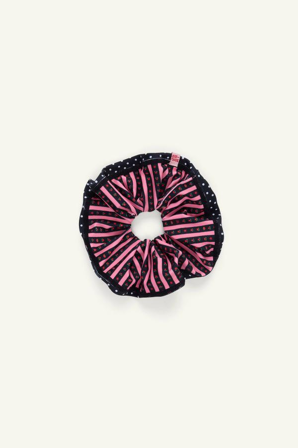 Super cute scrunchie in a hand-drawn, Pink/Black floral border stripe print with contrasting polka dot trim.
