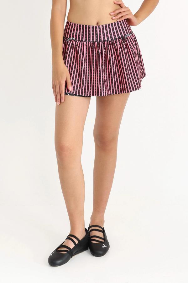 Gathered ruffle exercise skort in a hand-drawn, Pink/Black floral border stripe print with contrast black and white polka dot print and gingham bow details.