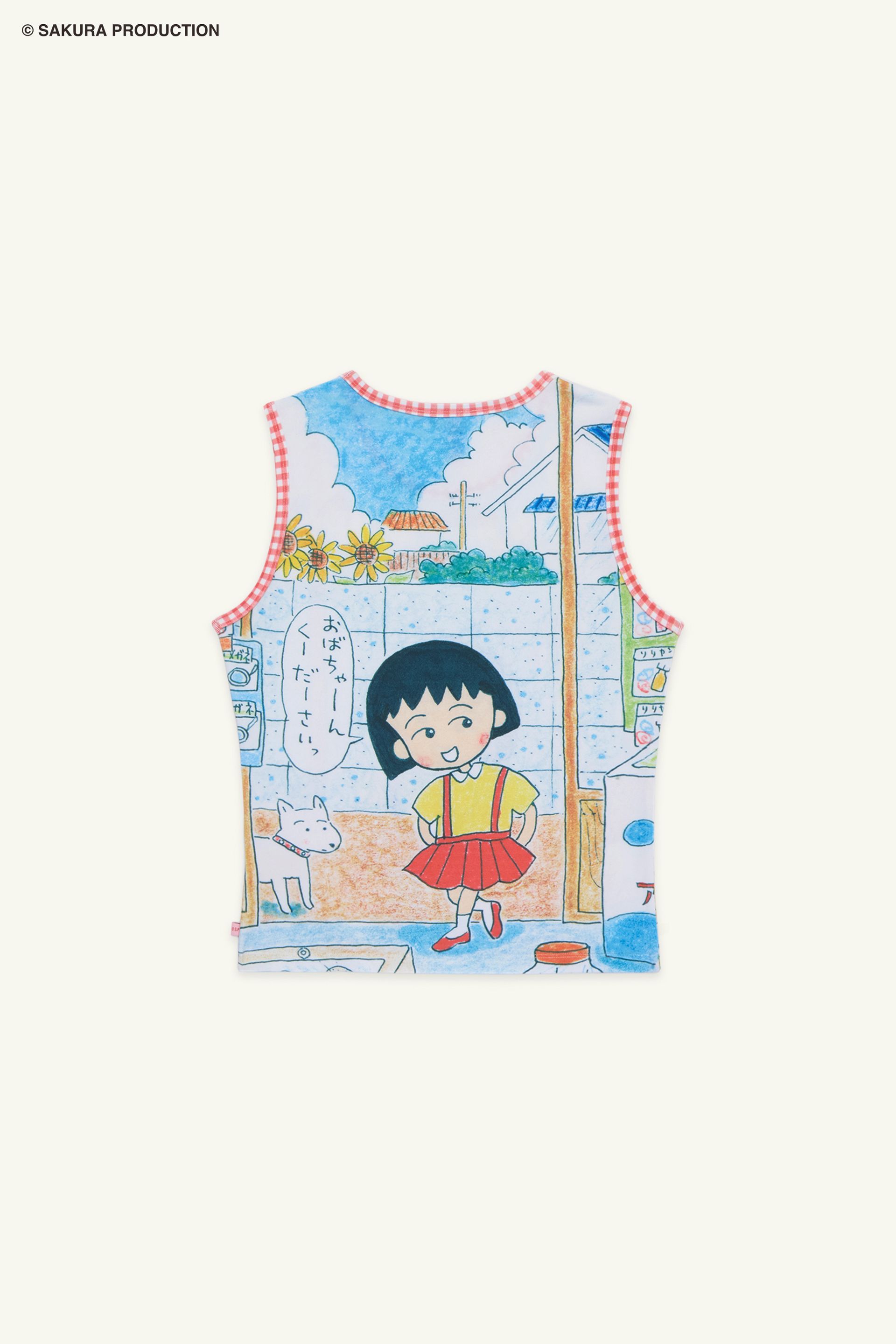 Flat image of back of Sweet Shopper Tank. Top illustrates a manga-style image of a young girl and her dog walking into a store. She speaks in Japanese, "Please Grandma!" The top has a red gingham trim around the neck and sleeves.