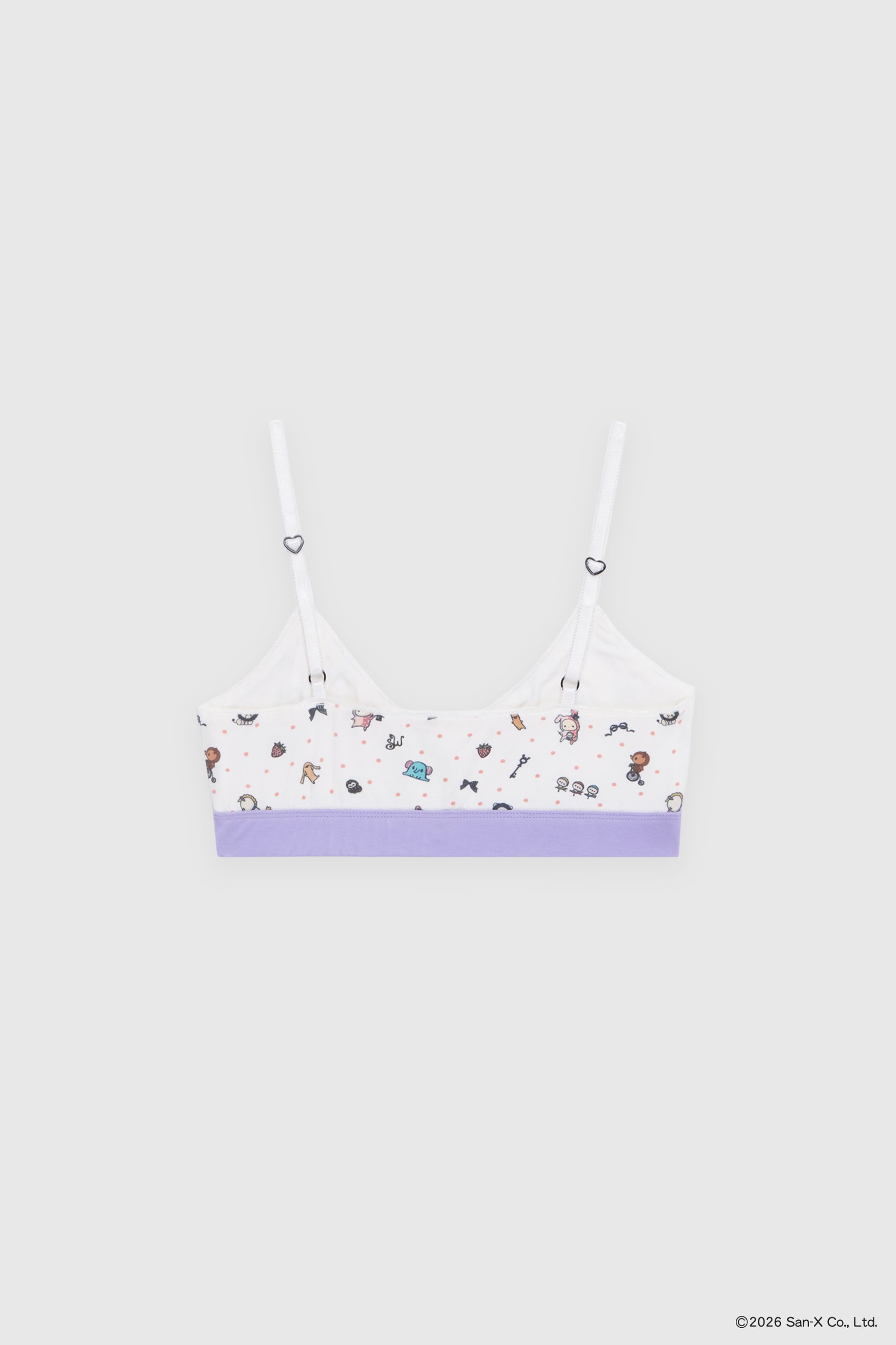 Flat image of the back of most comfortable stretch bamboo bralette for lounging or wearing out. A truly barely-there feel. Beloved characters and trinkets of Sentimental Circus are scattered with polka dots into a sweet ditsy print. Our picot edge elastic straps are adjustable using the little heart-shaped sliders. Our signature gingham bow at the front. A contrast encased elastic band made from the same stretch bamboo keeps the bra in place while still feeling soft and seamless.