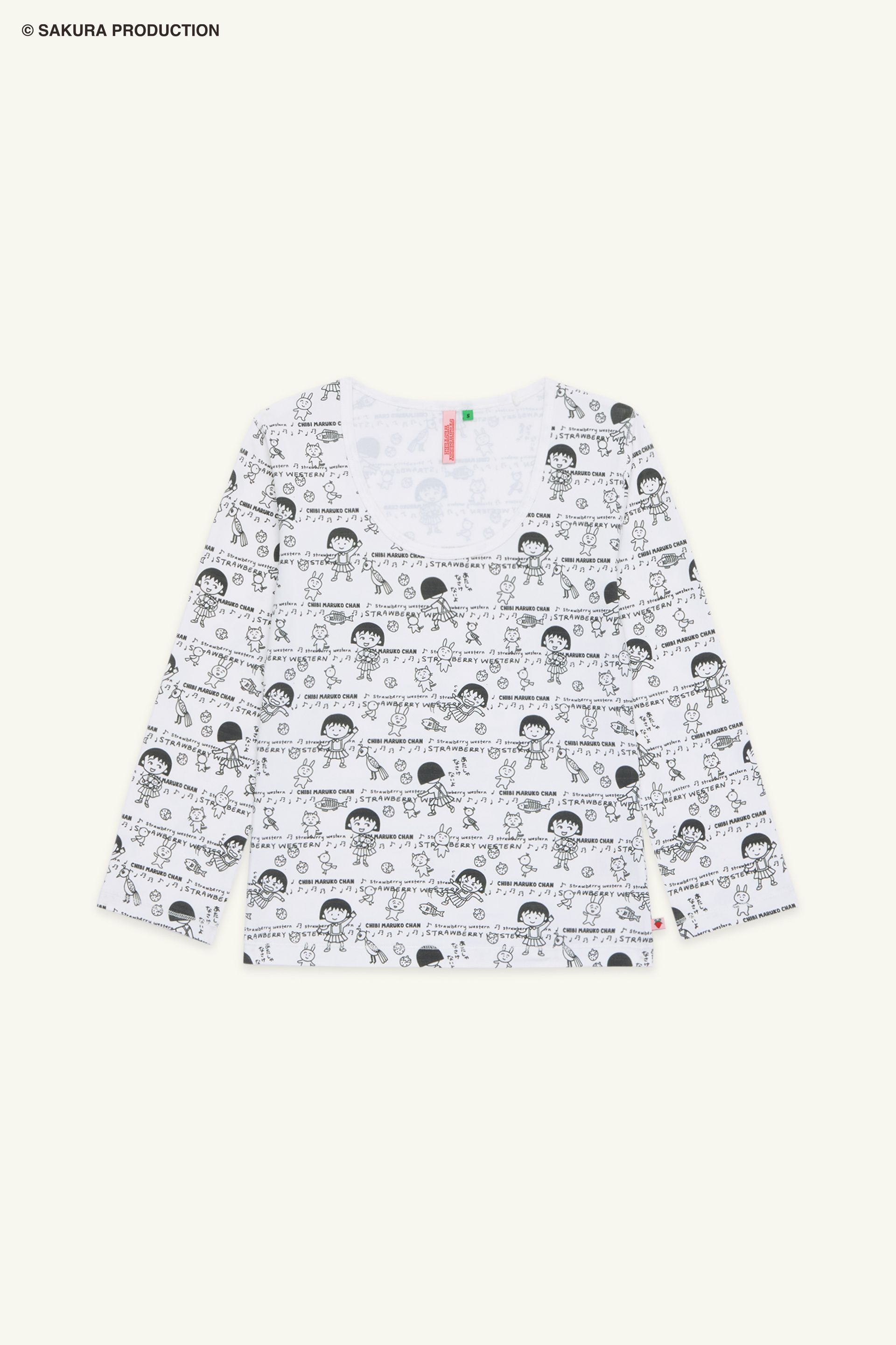 Flat image of Chibi Maruko Chan Playtime Top. Open neck, 3/4 sleeve top with a fun line drawing print of Chibi Maruko-chan, other characters, and both logos.