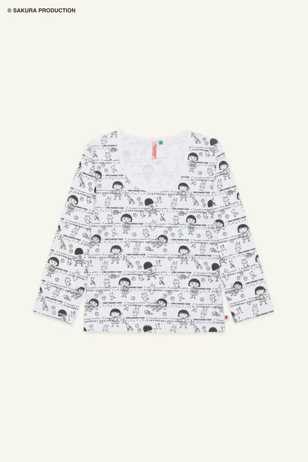 Flat image of Chibi Maruko Chan Playtime Top. Open neck, 3/4 sleeve top with a fun line drawing print of Chibi Maruko-chan, other characters, and both logos.