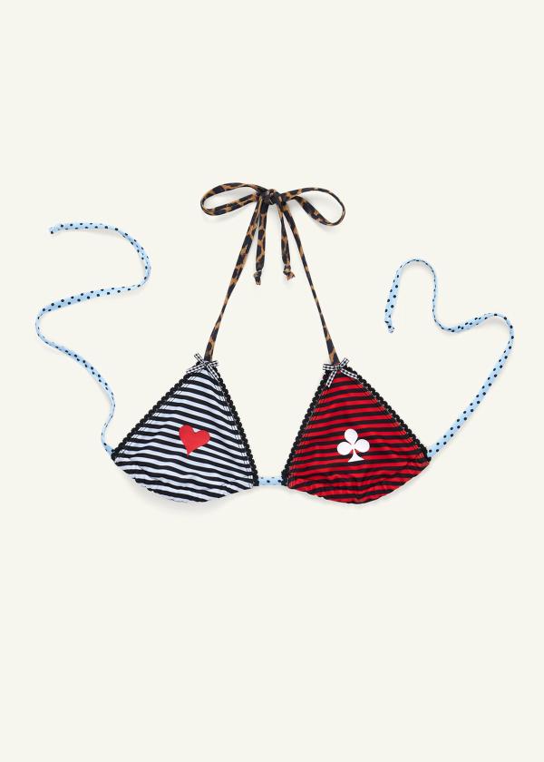 Flat lay front view of mixed pattern triangle bikini top and bikini skirt in stripes and leopard print with heart and club symbols and gingham bows.