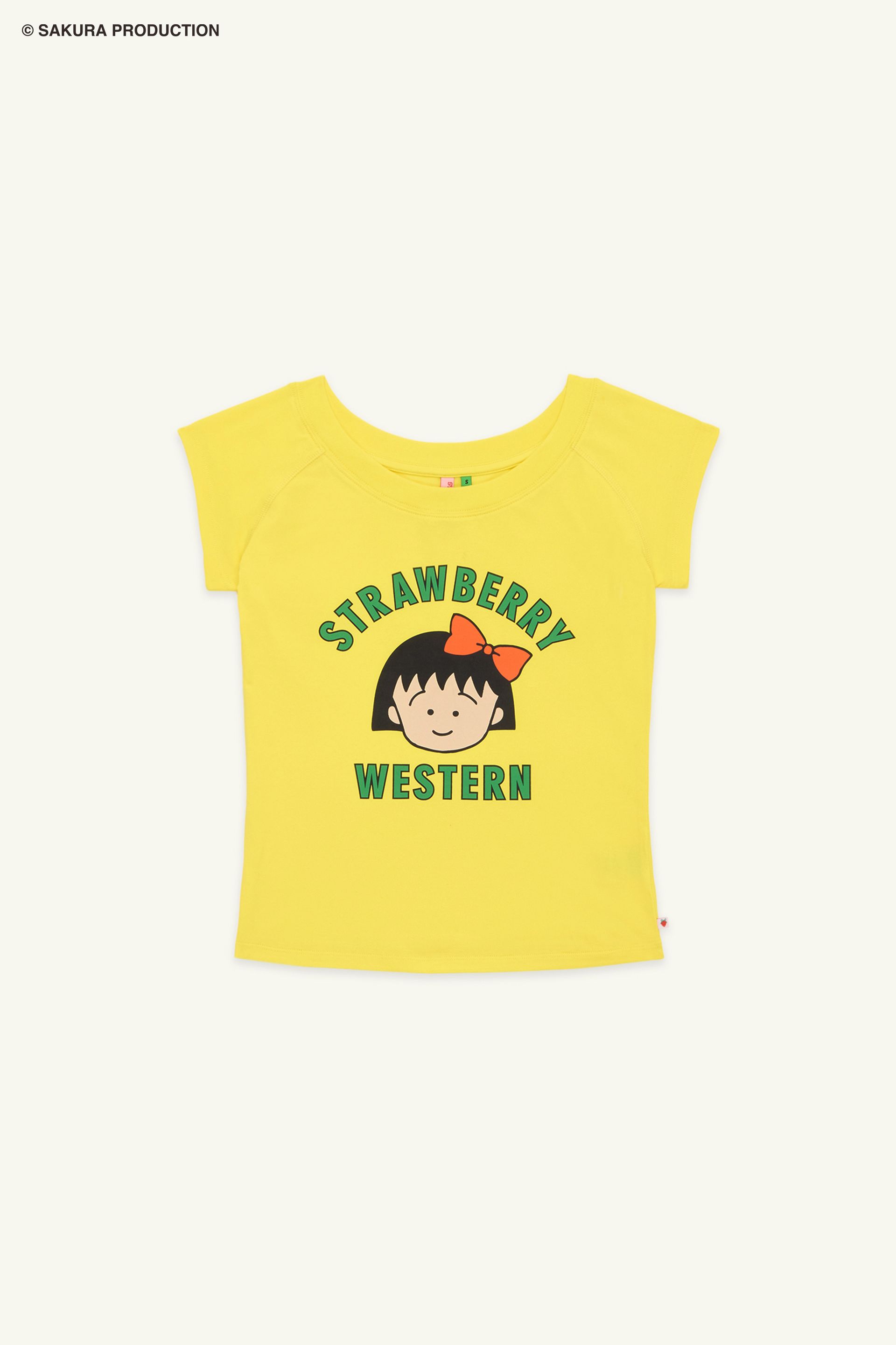 Flat image of the Chibi Maruko Chan Raglan top in Yellow. The shirt reads "Strawberry Western" in green lettering with Chibi Maruko-chan's face in the middle.