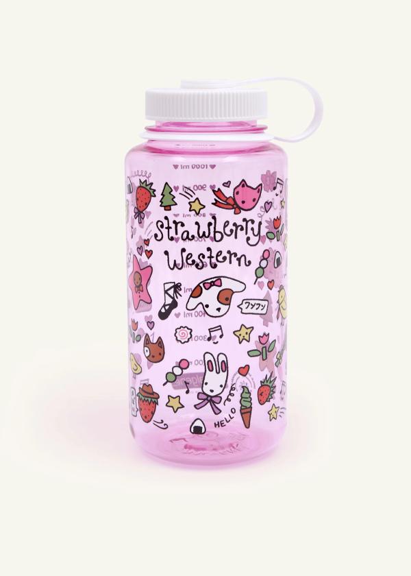 Front view of 1000ml / 32oz Sustain Nalgene wide-mouth water bottle in baby pink with a white cap and cute forest friend drawings.