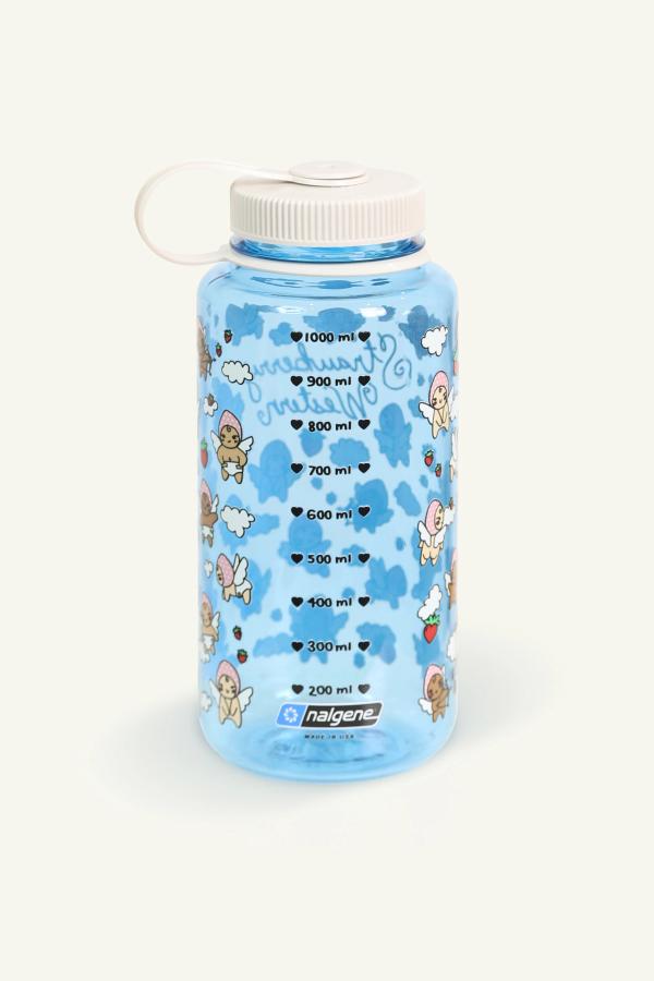 Back view of 1000ml / 32oz Sustain Nalgene wide-mouth water bottle. Light blue bottle with cotton white cap and Angelbaby cherub artwork.