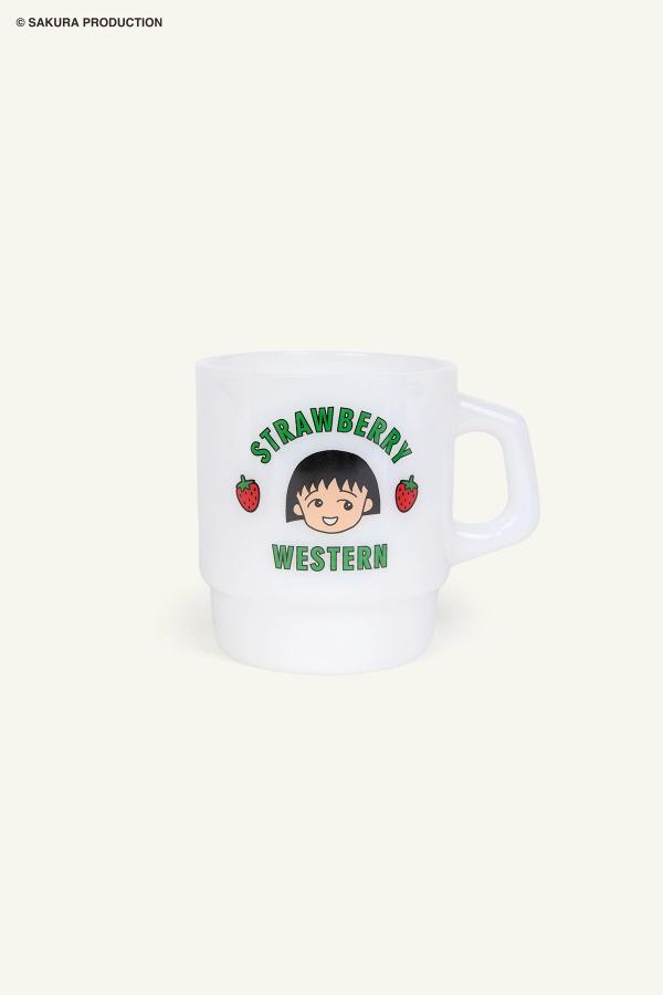 Flat image of Cloud Chibi Maruko Chan Milky Mug. The front reads Strawberry Western in green lettering. In the middle is Chibi Maruko-chan's face surrounded by two strawberries.
