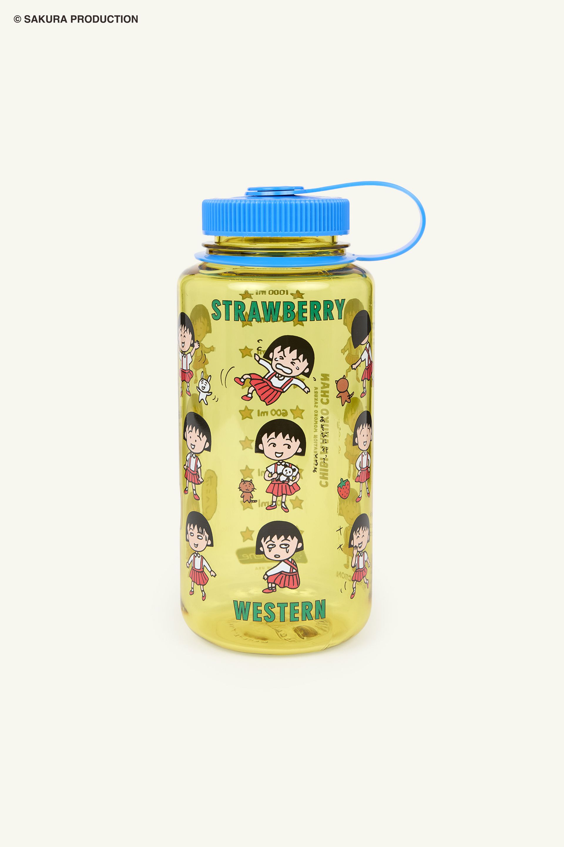 Flat image of Chibi Maruko Chan Tanoshii Nalgene Bottle. Yellow translucent bottle with blue cap, adorned with Chibi Maruko-chan displaying various emotions. Reads Strawberry Western in green lettering.