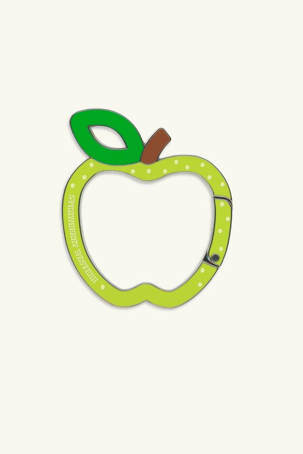 Green apple shaped carabiner keychain clip. Made from Zinc Alloy with enamel fill with printed polka dots and Strawberry Western logo on both sides.