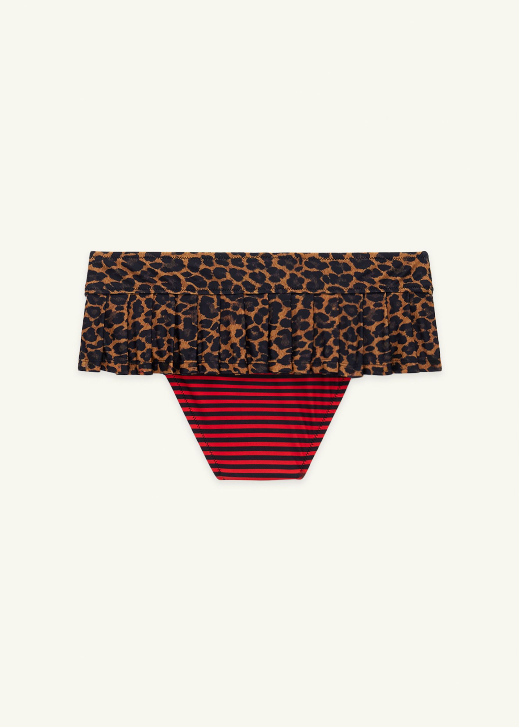 Back view flat lay of micro skirt bikini in leopard print with red and black striped attached bottoms.