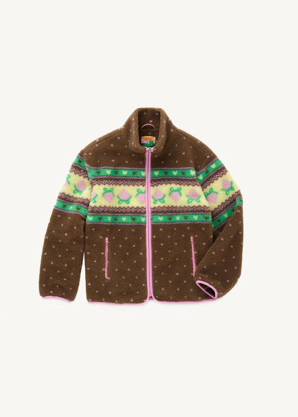 Flat front view of a brown fluffy jacquard knit sherpa jacket in a choco strawberry border motif with pink binding, pink zippers and a metal heart shape zipper pull..