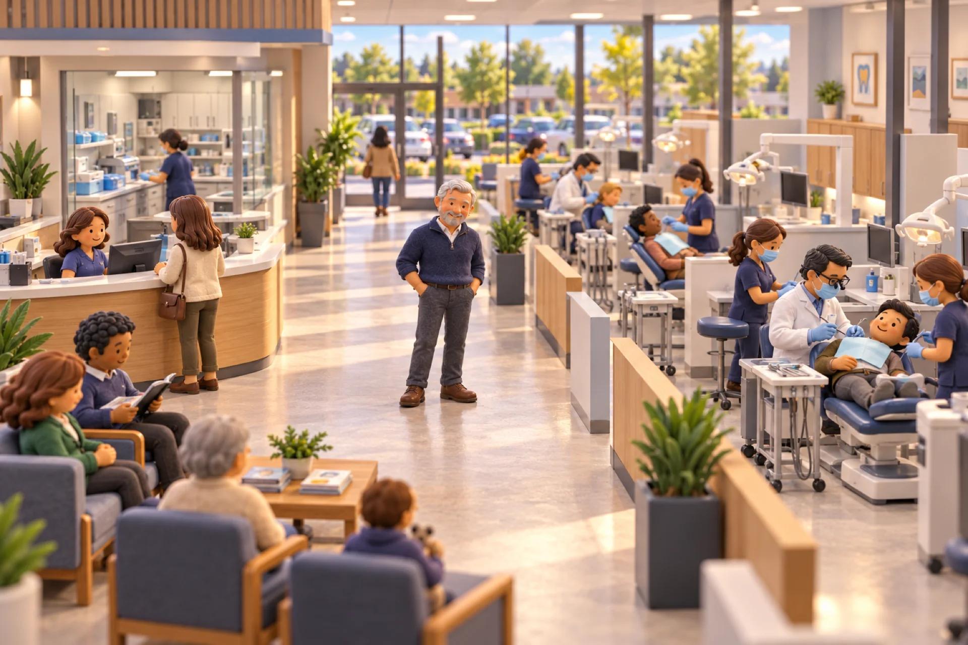 A clay model of a busy multi-chair dental practice, cutaway with the front wall removed, with the owner looking over the operation.