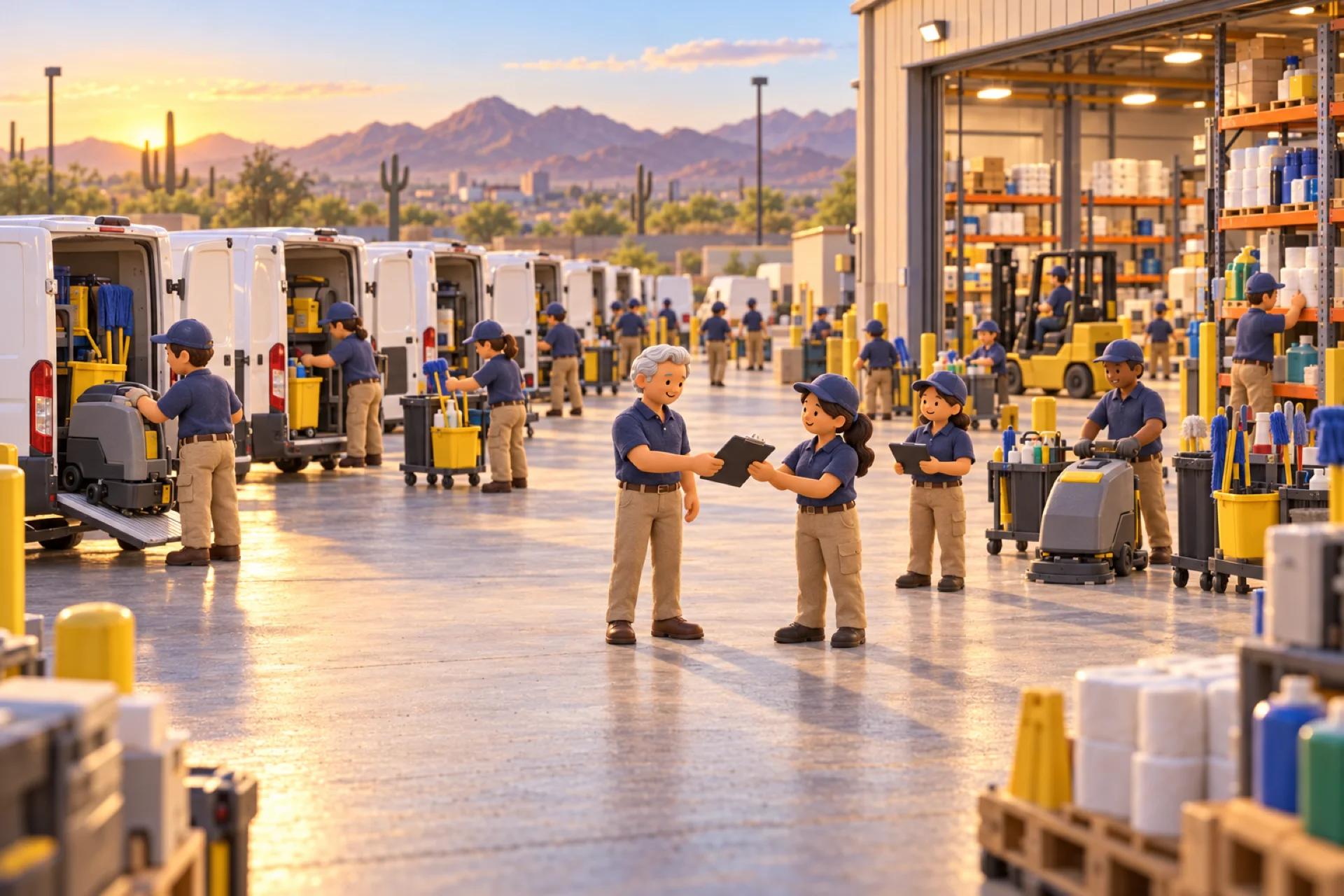 A clay model of a commercial cleaning company's depot in Phoenix at dawn, with the owner looking over the operation.