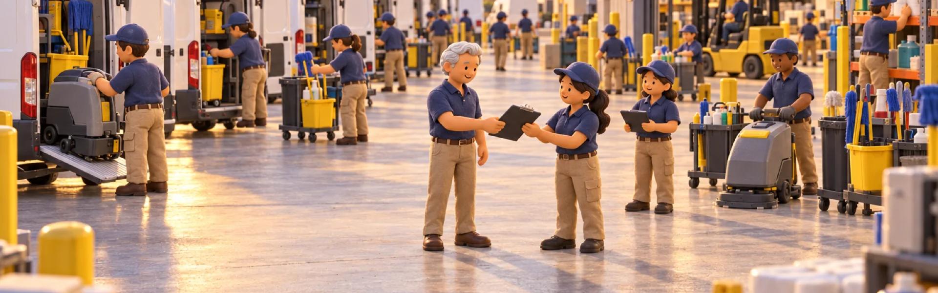 A clay model of a commercial cleaning company's depot in Phoenix at dawn, with the owner looking over the operation.