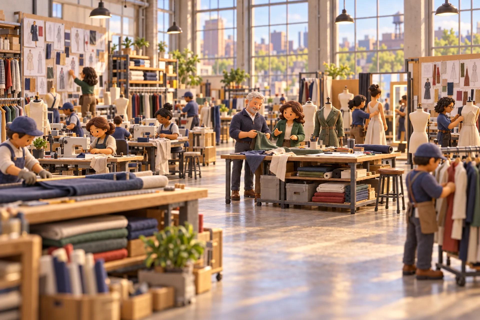 A clay model of a fashion brand's design studio and sample room in New York's garment district, with the owner looking over the operation.