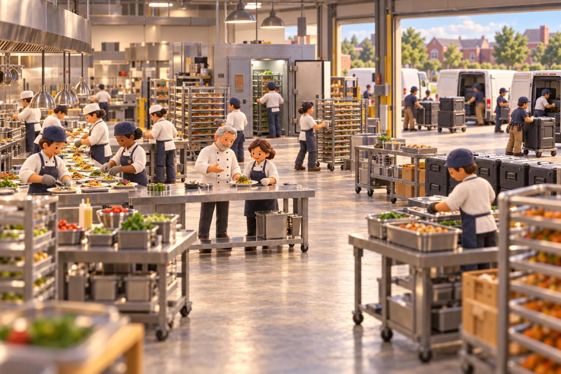 A clay model of a large catering company's commercial kitchen and loading area in Virginia, with the owner looking over the operation.