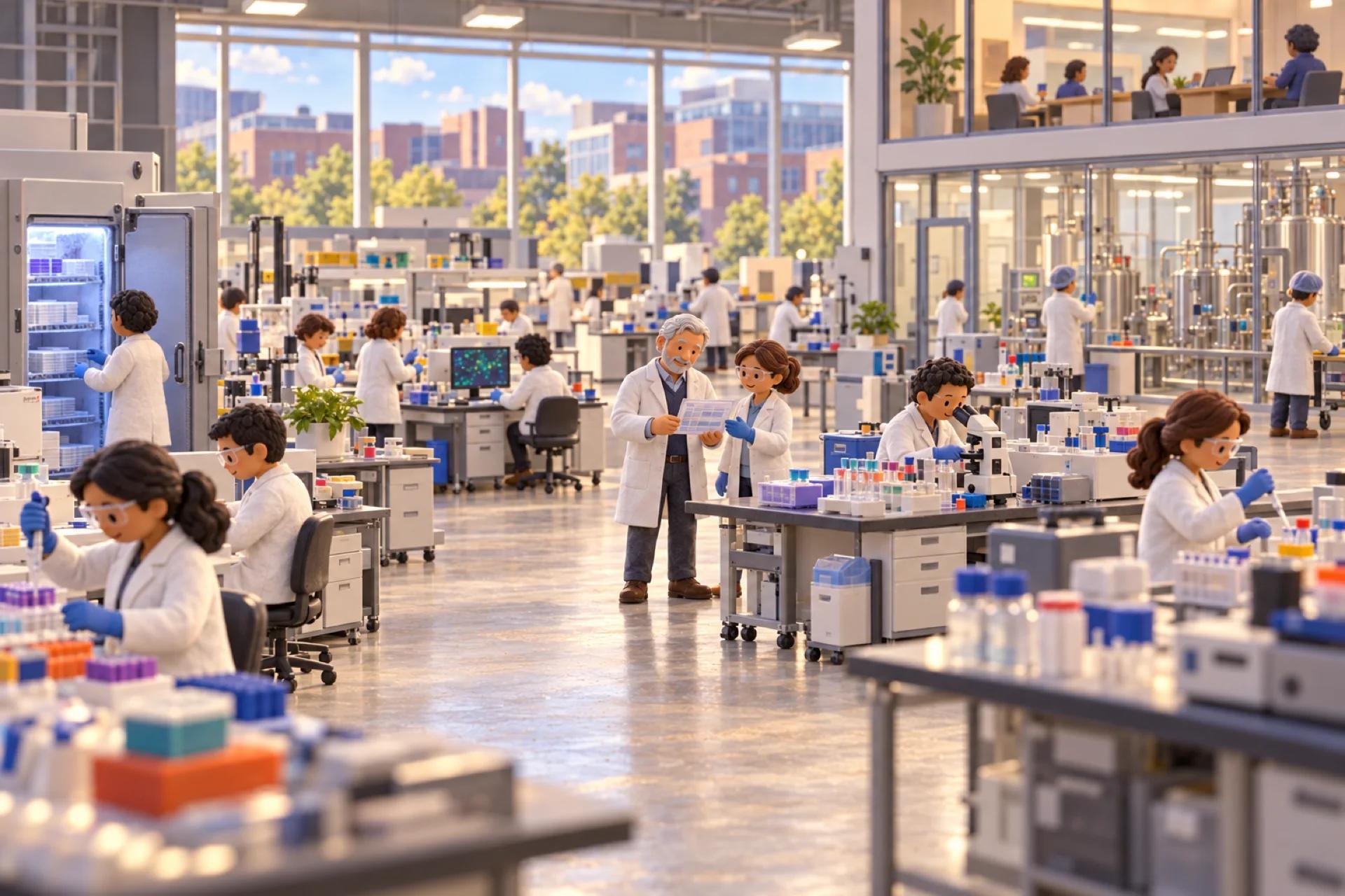 A clay model of a biotech company in a Cambridge-style lab building, with the owner looking over the operation.