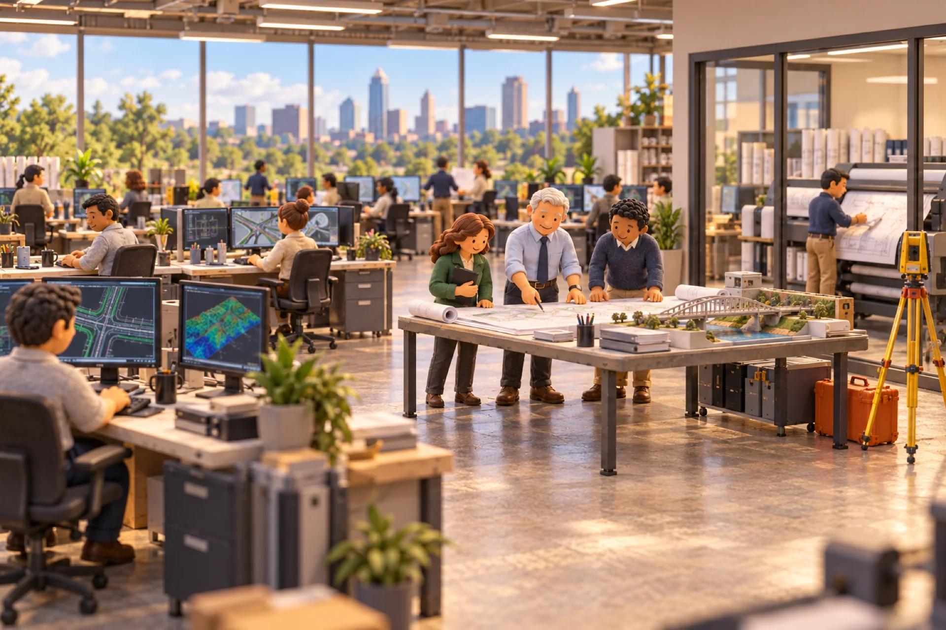 A clay model of a civil engineering firm in a Charlotte office, with the owner looking over the operation.