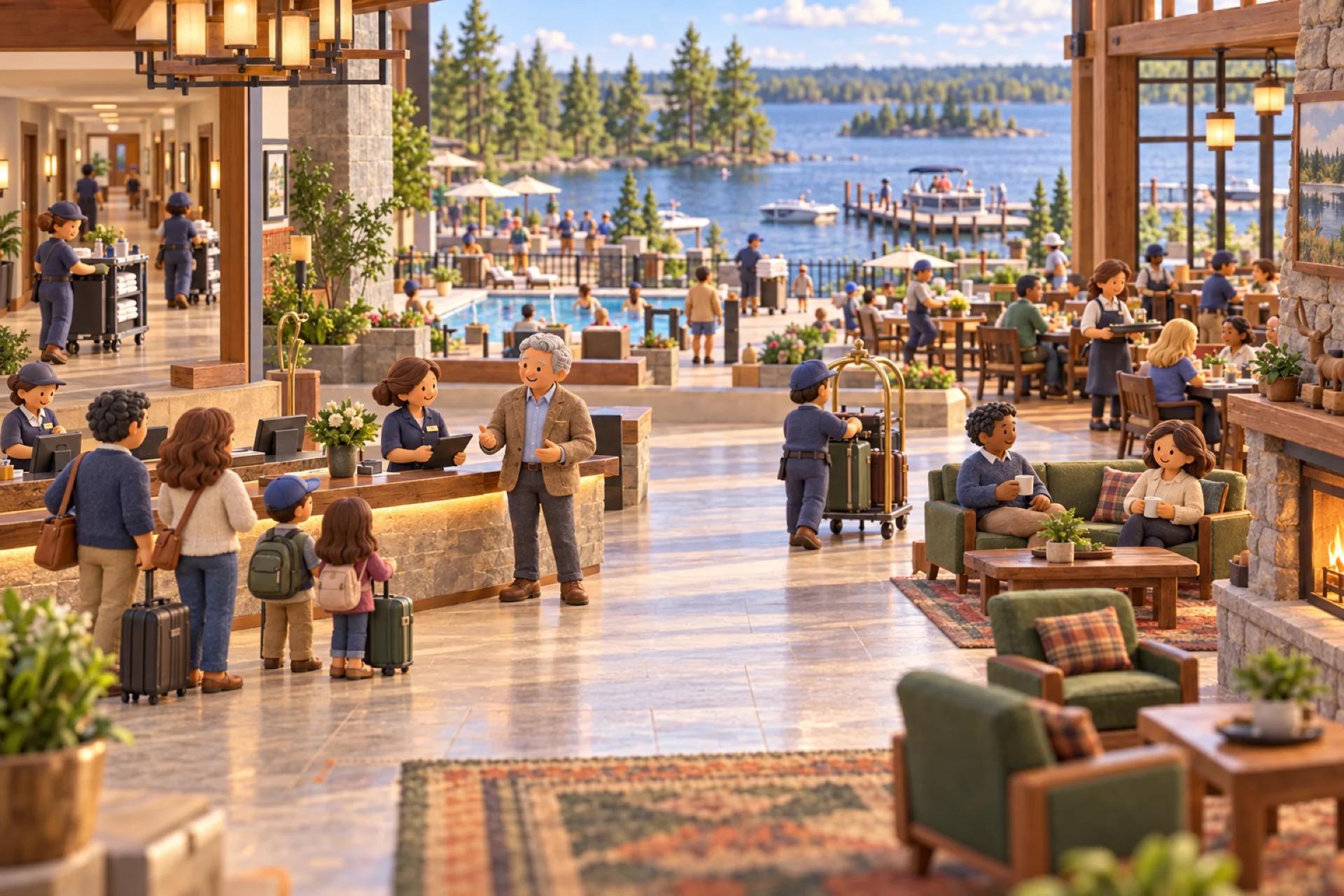 A clay model of a lakeside resort hotel in Minnesota, cutaway, with the owner looking over the operation.