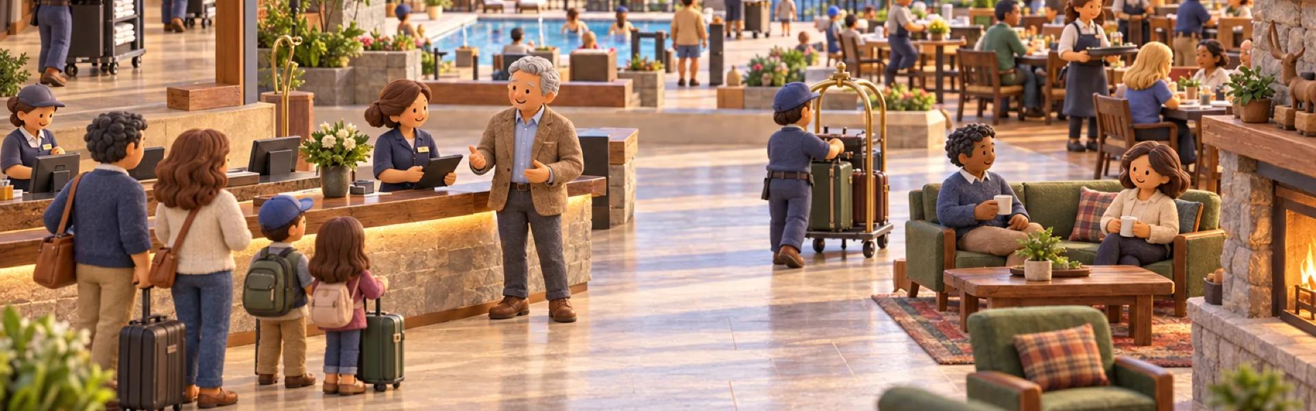 A clay model of a lakeside resort hotel in Minnesota, cutaway, with the owner looking over the operation.