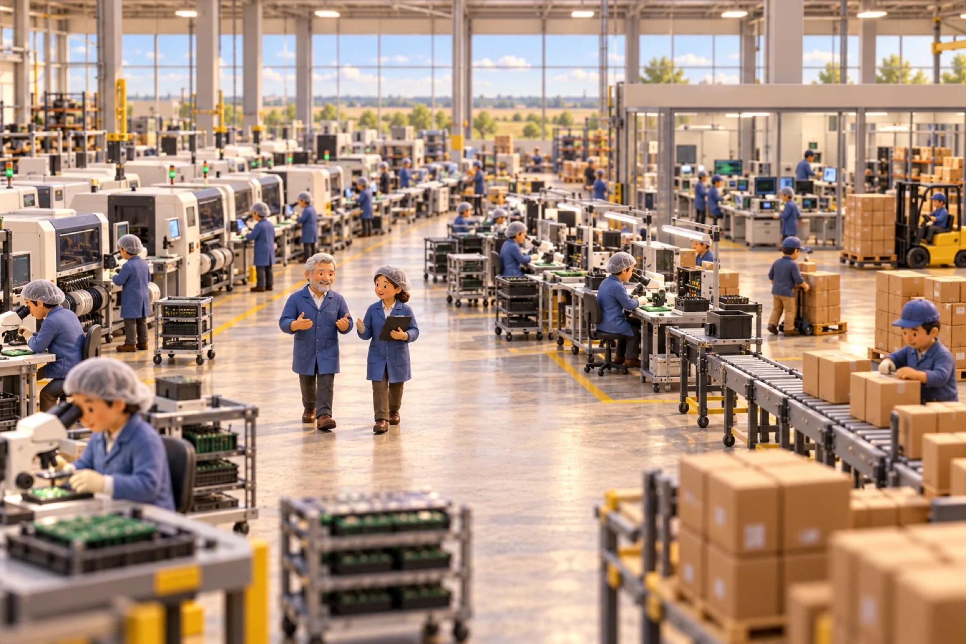 A clay model of an electronics manufacturing plant in Texas, with the owner looking over the operation.